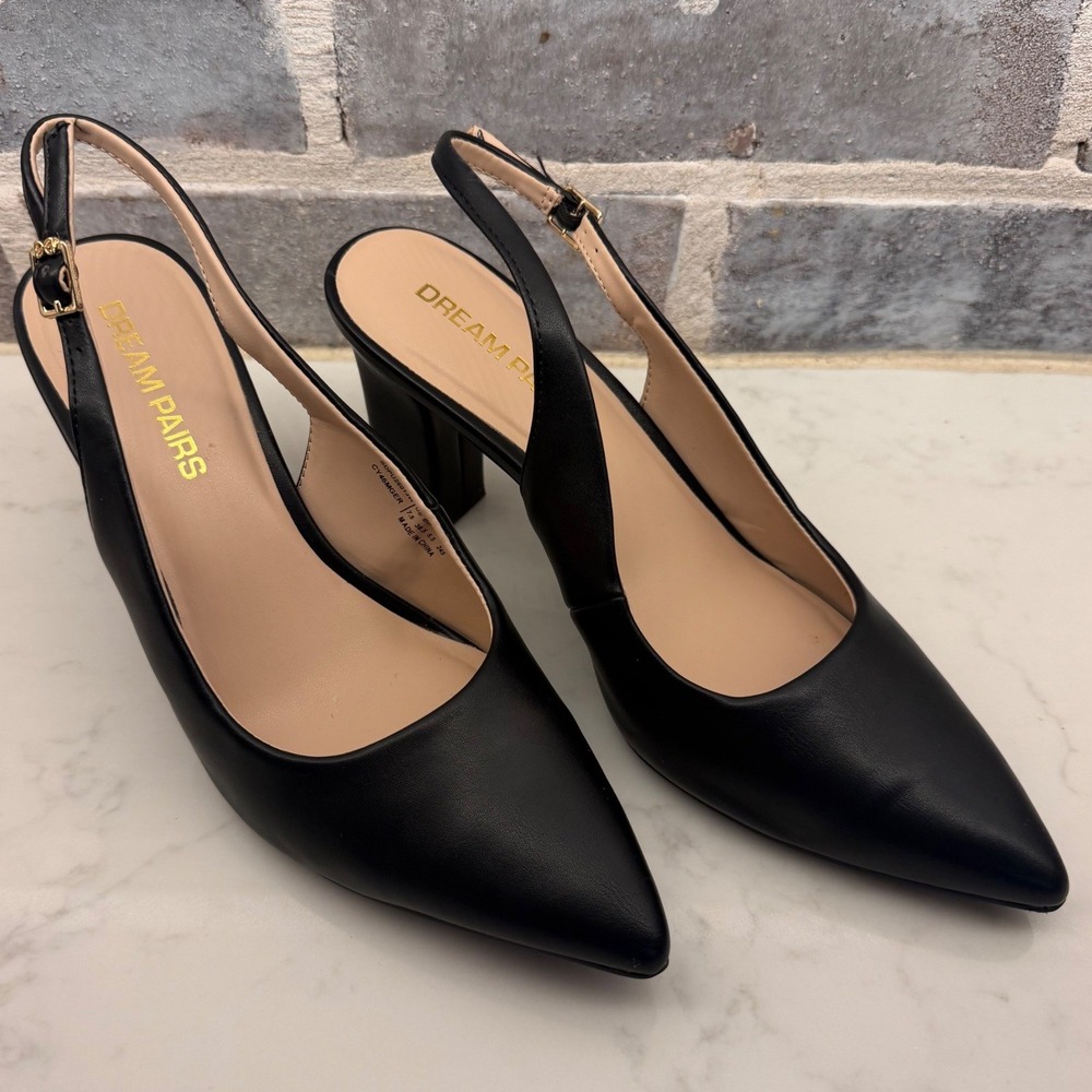 Women Black Slingback Pointed Toe Block Heel Pumps SDPU26013W 7.5 Dream Pairs